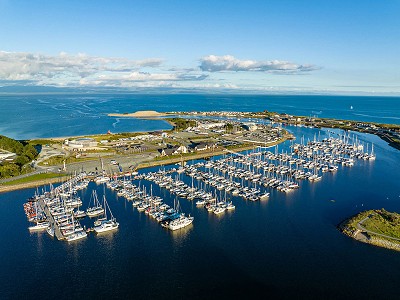 Aerial view of boats at Hafan Pwllheli Marina
